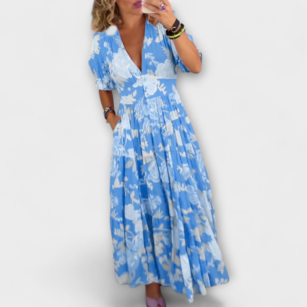 Catrisa - Květinový vzor V-krk šaty s kapsami