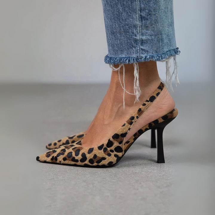 Alma - Špičaté leopardí slingbacky v khaki barvě na stiletto podpatku