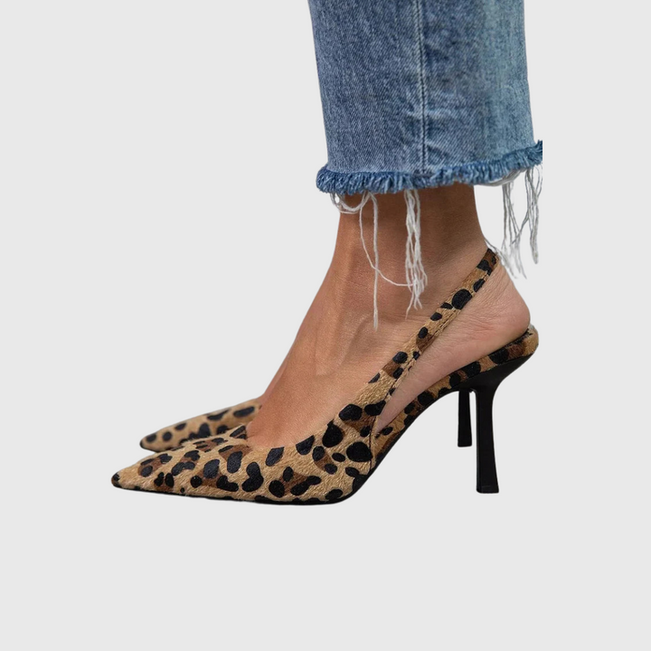 Alma - Špičaté leopardí slingbacky v khaki barvě na stiletto podpatku