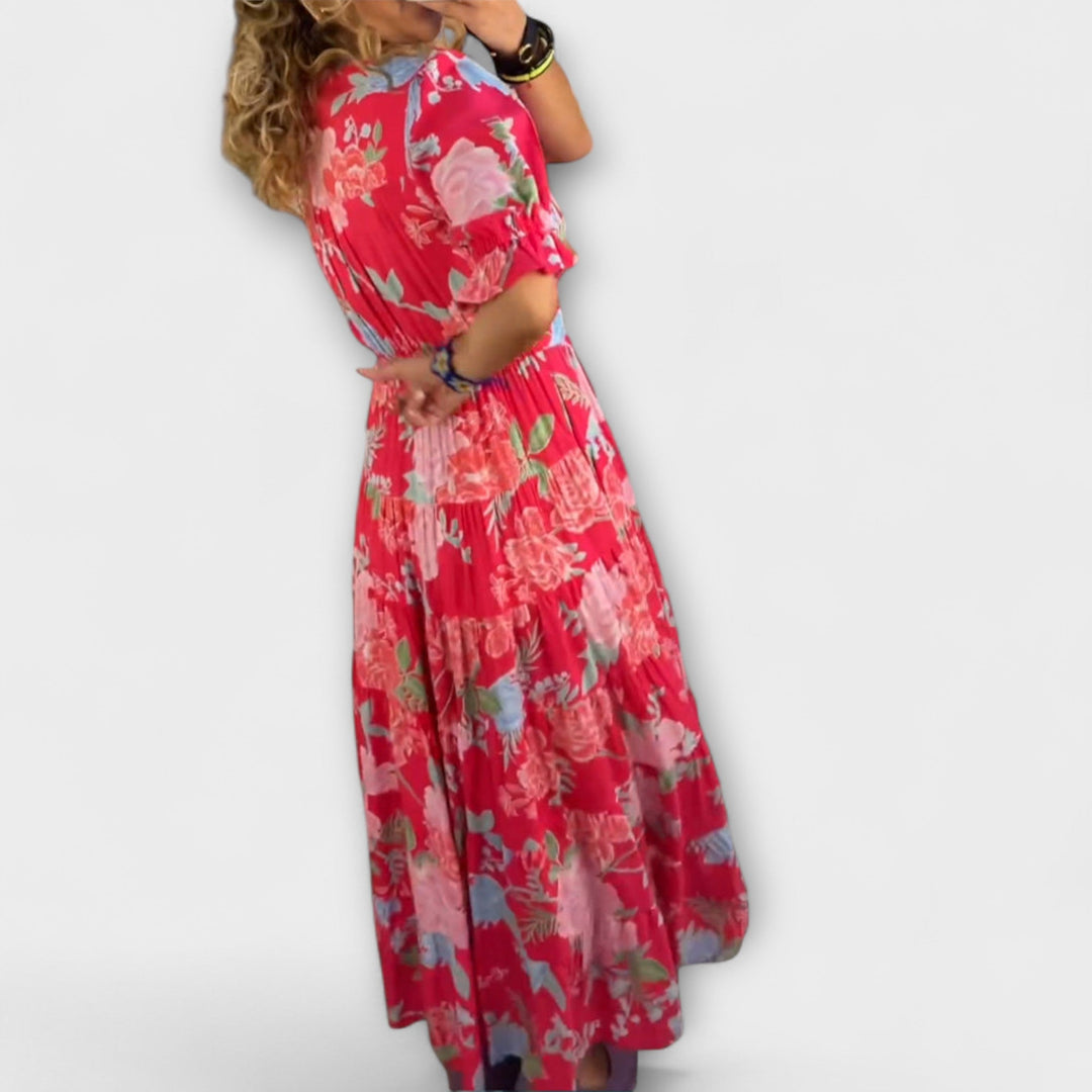 Catrisa - Květinový vzor V-krk šaty s kapsami