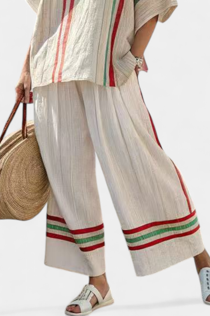 Souprava Mediterranean Daisy z bambusového lnu s elegantními červenými a zelenými pruhy