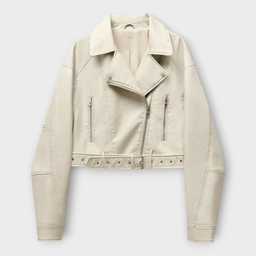 Moderní Krátká Kožená Bunda s Páskem a Vytříbenou Estetikou