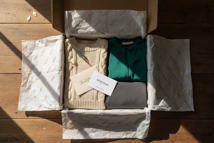 imagem de uma encomenda de roupa da loja Petra Praha. Foto como se fosse um unboxing tirada para uma review da loja