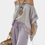 Bambusový top s pruhy, s odhalenými rameny a širokými kalhotami pro elegantní a svěží styl