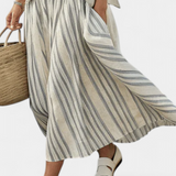 Souprava Casual Daisy s Oversize Tričkem a Midi Sukní s Pruhy z Lněného Bambusu pro Elegantní a Pohodlný Styl