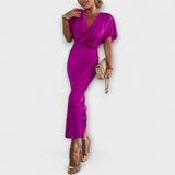 Sable - Maxi šaty s V výstřihem a křížovým uzlem z pevného saténu