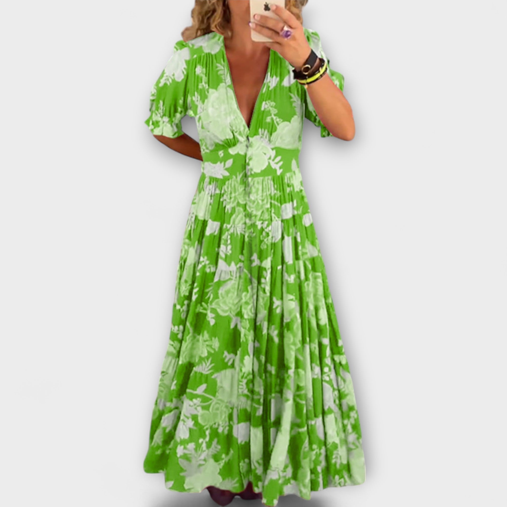 Catrisa - Květinový vzor V-krk šaty s kapsami