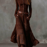 Lorena - Dlouhé vintage šaty z modré kostkované semišové kůže