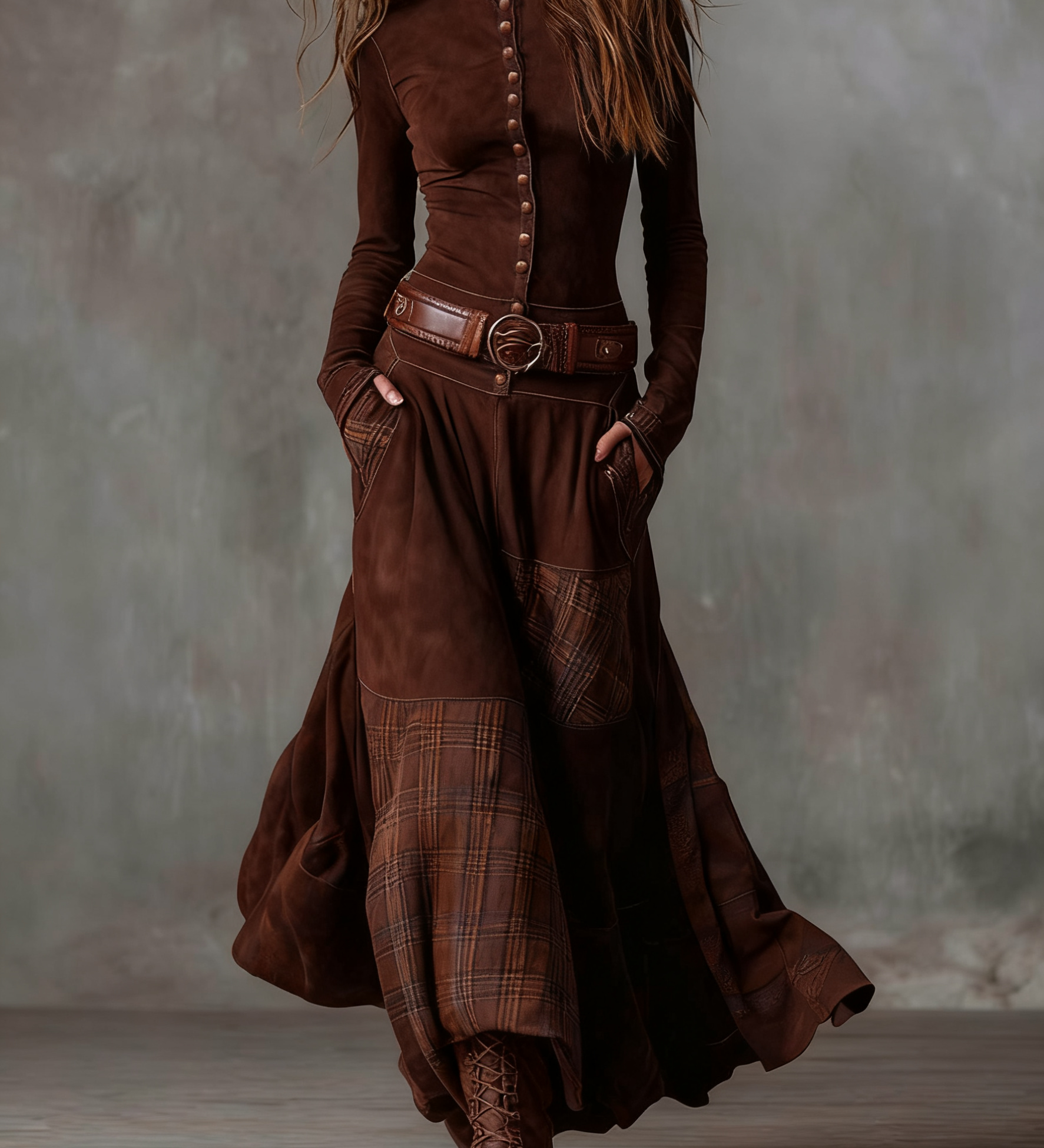 Lorena - Dlouhé vintage šaty z modré kostkované semišové kůže