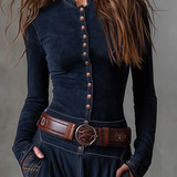 Lorena - Dlouhé vintage šaty z modré kostkované semišové kůže