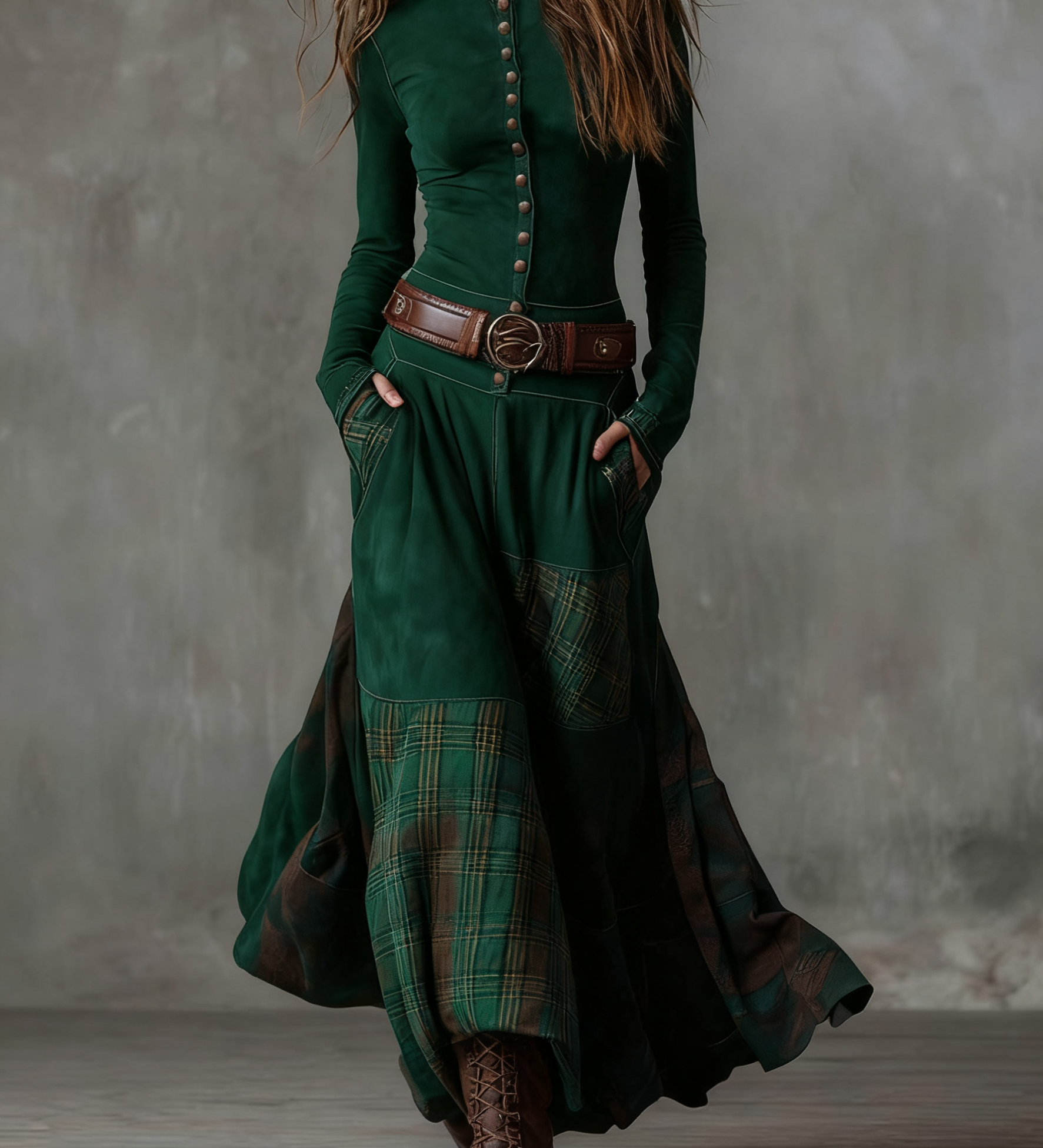 Lorena - Dlouhé vintage šaty z modré kostkované semišové kůže