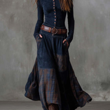 Lorena - Dlouhé vintage šaty z modré kostkované semišové kůže