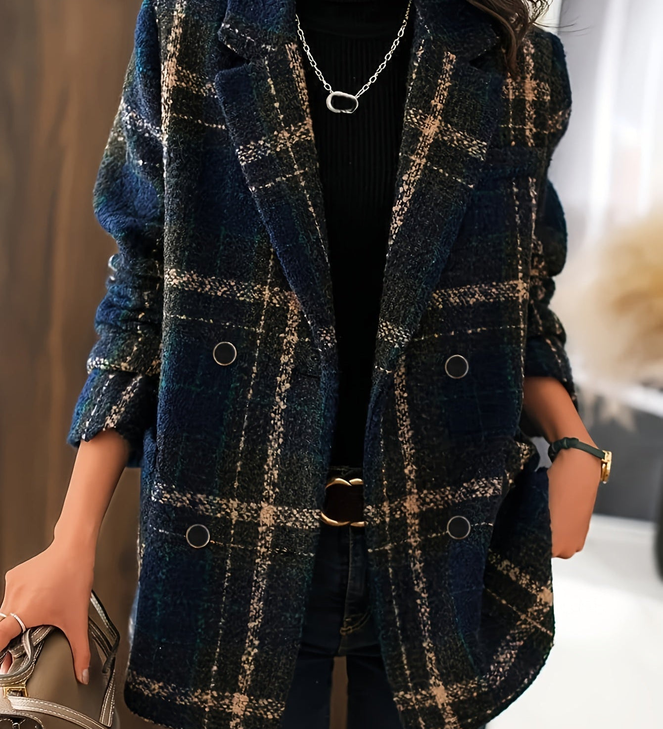 Isaline | Klasický Vlněný Kabát s Károvaným Vzorem