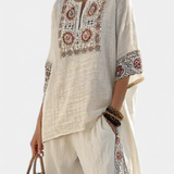 Souprava Středomoří Daisy z bambusového lnu s elegantními červenými a zelenými pruhy